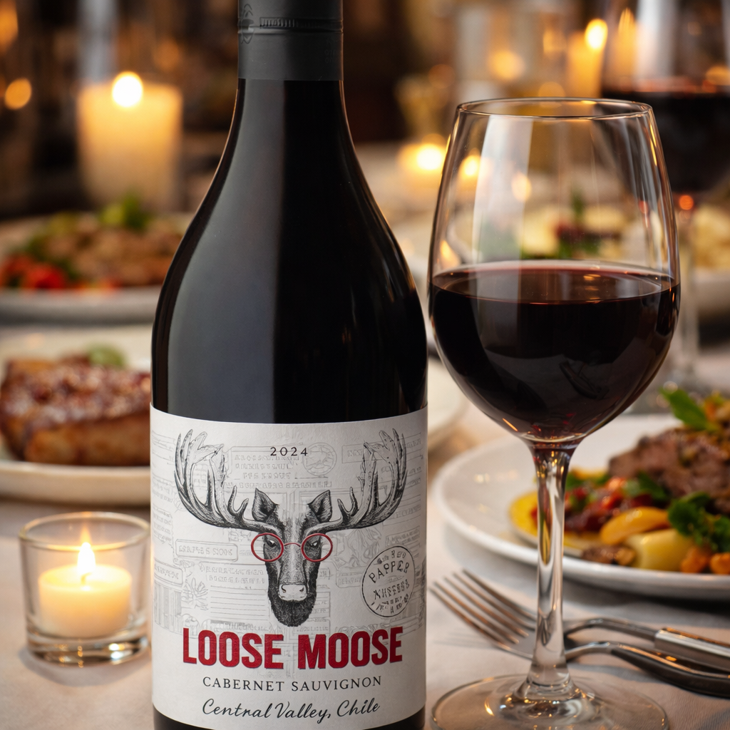 Bottle of Loose Moose Cabernet Sauvignon wine with a glass of red wine on a dinner table.