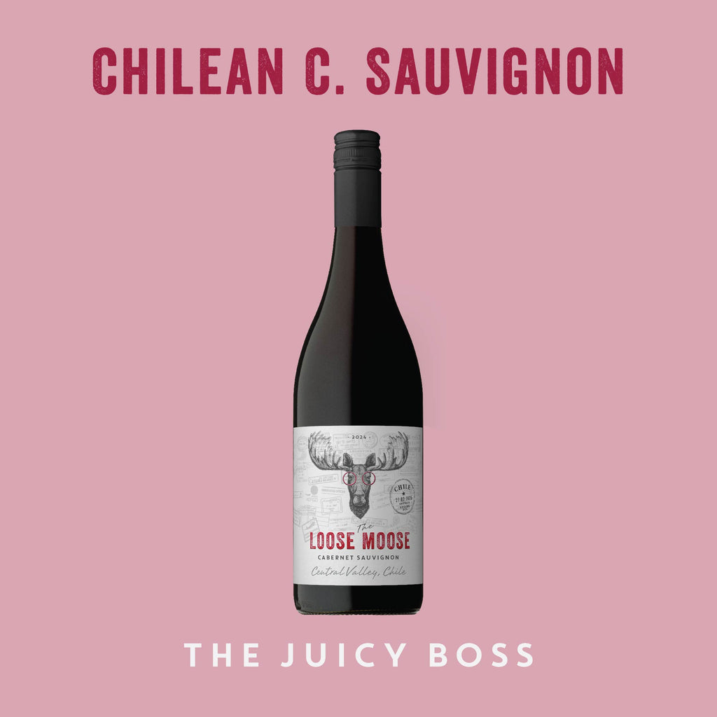 Wine bottle with label on a pink background, featuring 'Chilean C. Sauvignon' and 'Loose Moose'.