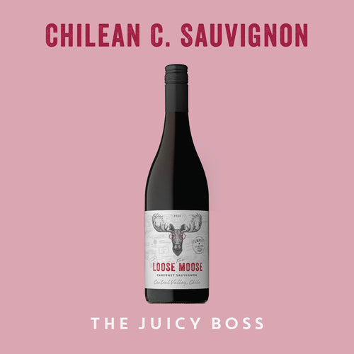 Wine bottle with label on a pink background, featuring 'Chilean C. Sauvignon' and 'Loose Moose'.