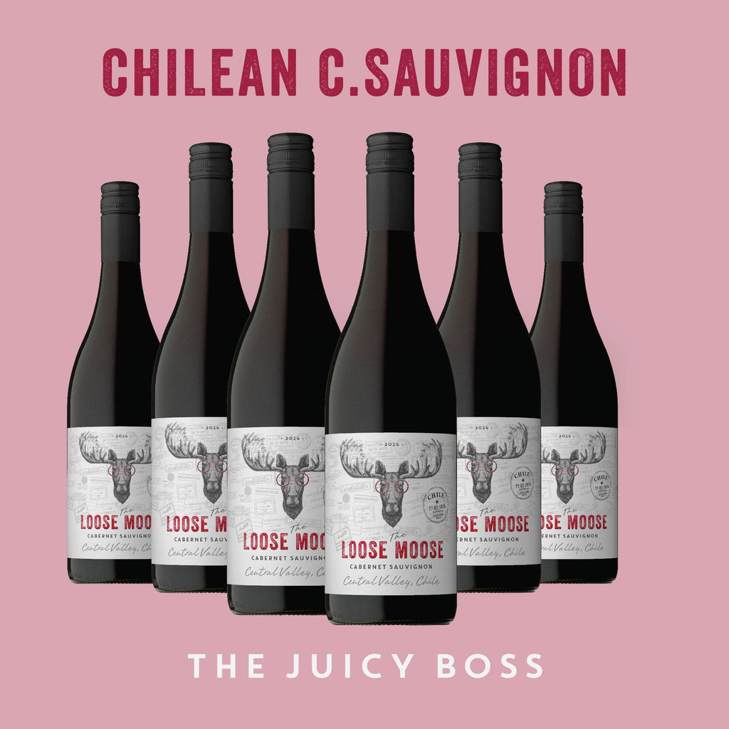 Six bottles of Chilean C. Sauvignon wine with a pink background and 'Loose Moose' branding.