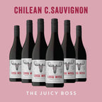 Six bottles of Chilean C. Sauvignon wine with a pink background and 'Loose Moose' branding.
