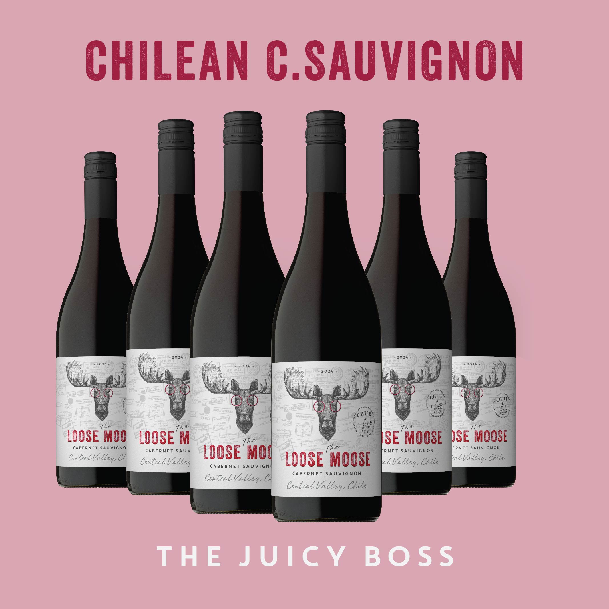 Six bottles of Chilean C. Sauvignon wine with a pink background and 'Loose Moose' branding.