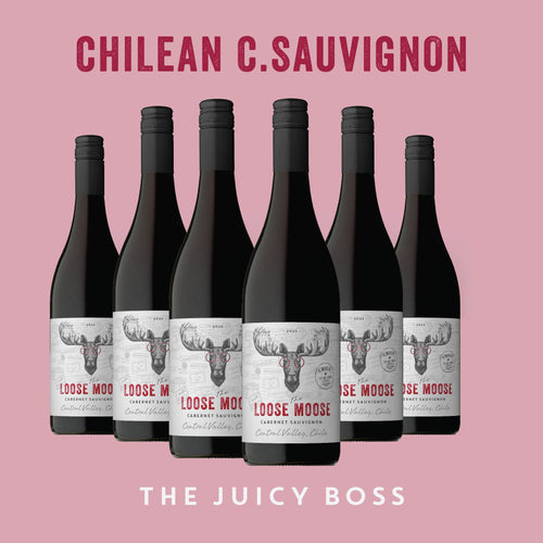 Six bottles of Chilean C. Sauvignon wine with a pink background and 'Loose Moose' branding.