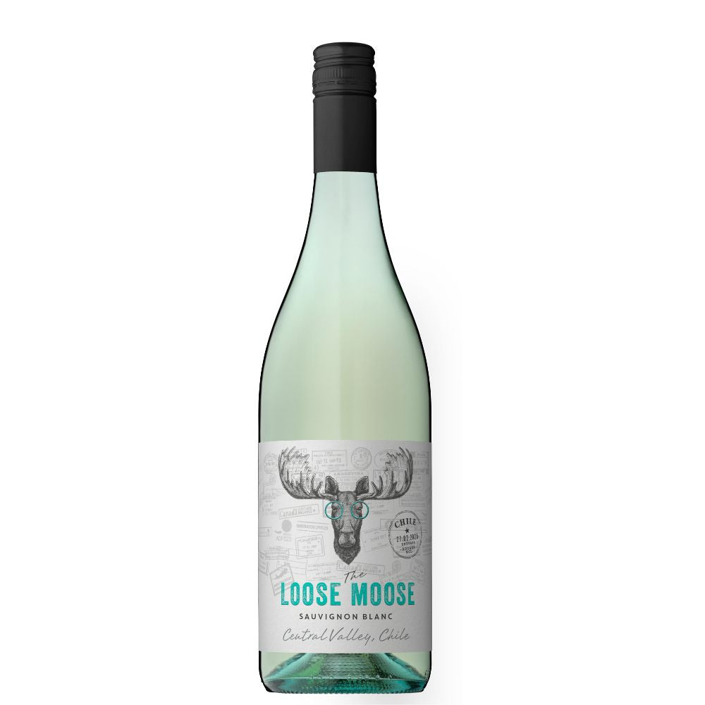 Wine bottle labeled 'The Loose Moose' on a white background