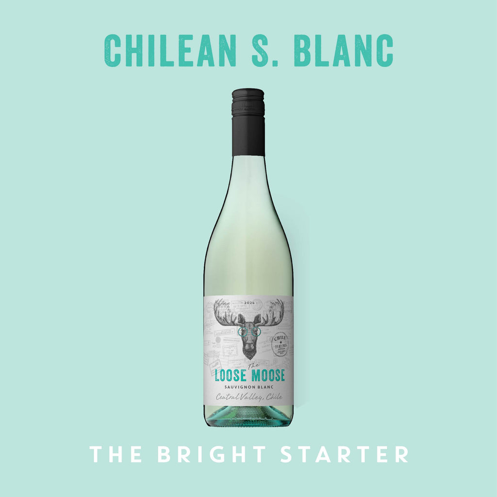 Wine bottle labeled 'Loose Moose' on a light blue background with text 'Chilean S. Blanc'.