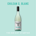Wine bottle labeled 'Loose Moose' on a light blue background with text 'Chilean S. Blanc'.