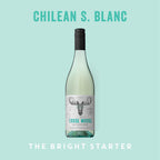 Wine bottle labeled 'Loose Moose' on a light blue background with text 'Chilean S. Blanc'.