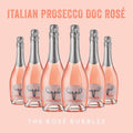 Six bottles of Italian Prosecco Doc Rosé on a pink background with 'Loose Moose' branding.