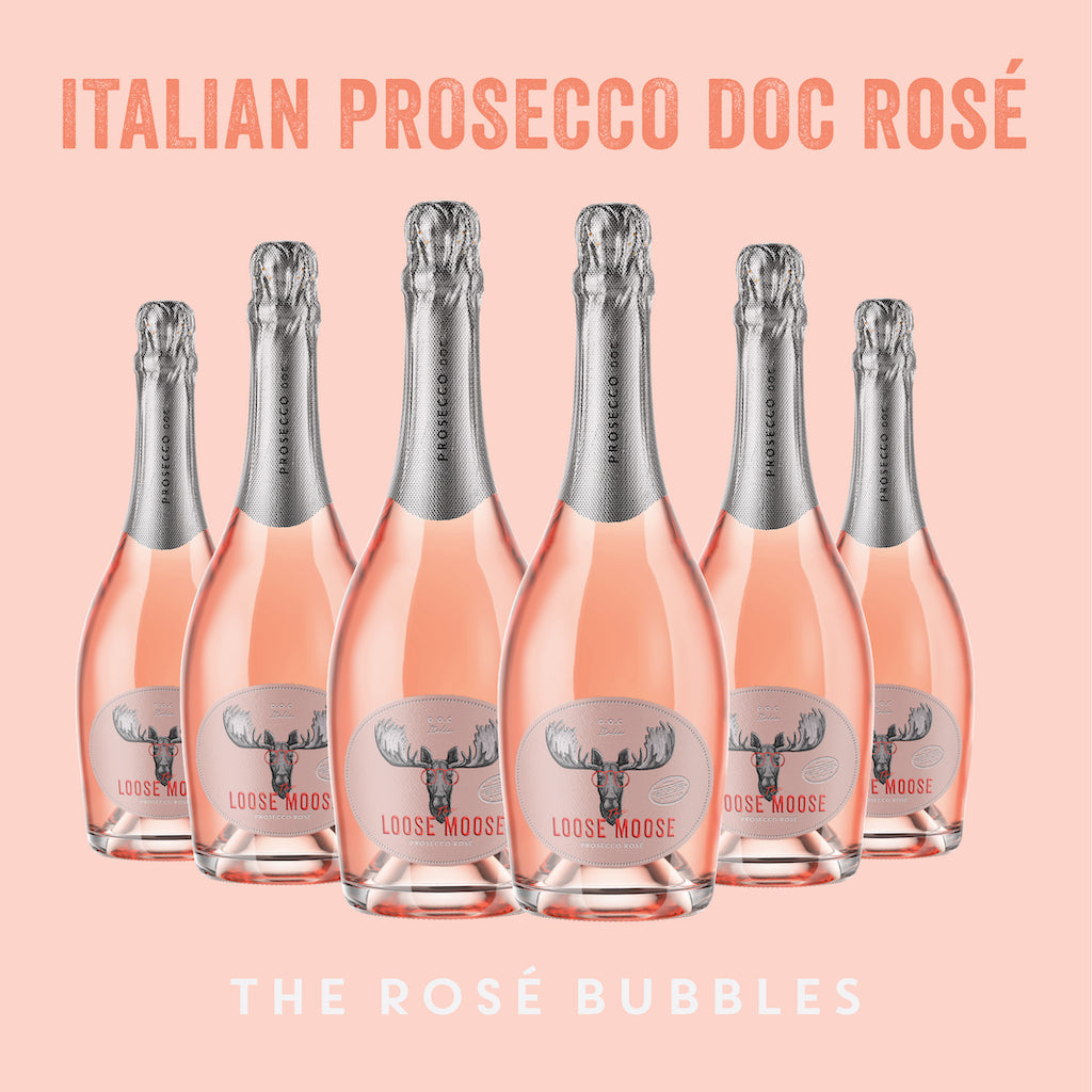Six bottles of Italian Prosecco Doc Rosé on a pink background with 'Loose Moose' branding.