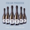 Six bottles of Italian Prosecco with Loose Moose branding on a light blue background.