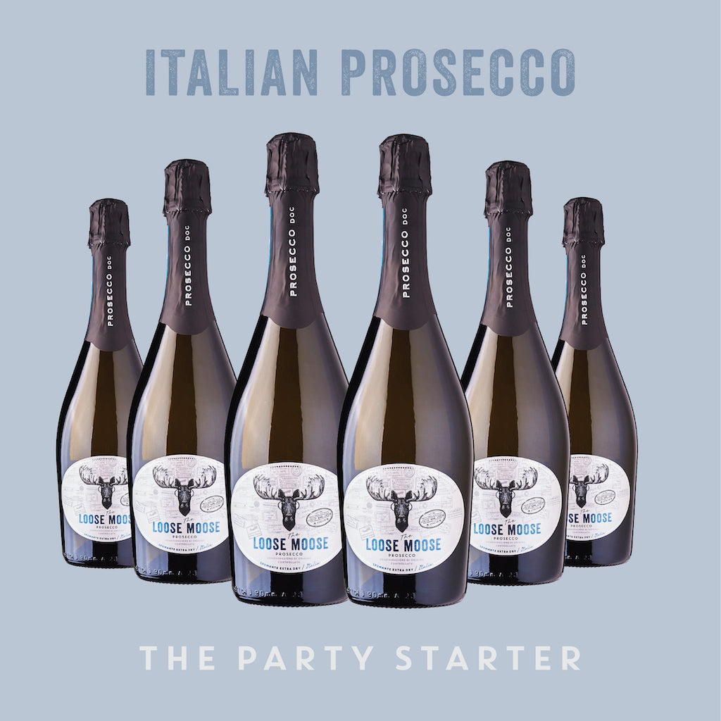 Six bottles of Italian Prosecco with Loose Moose branding on a light blue background.