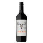 Bottle of Loose Moose Malbec wine on a white background