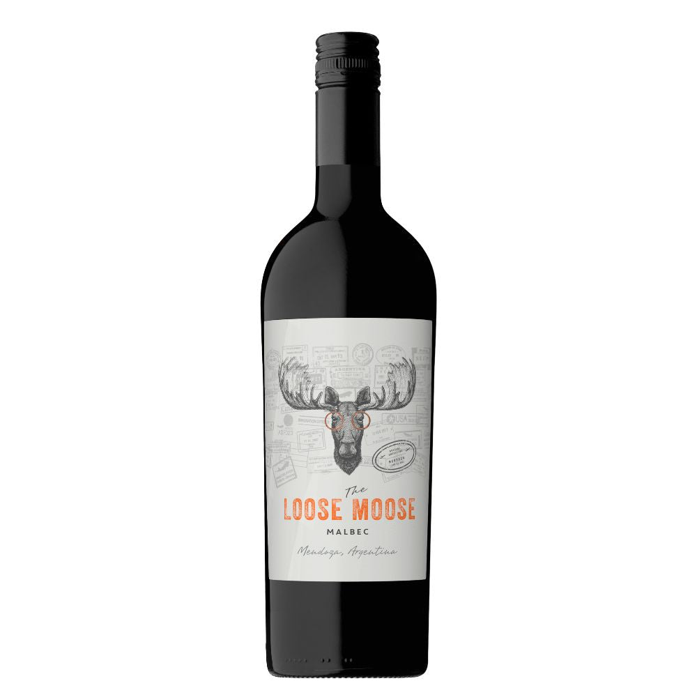 Bottle of Loose Moose Malbec wine on a white background