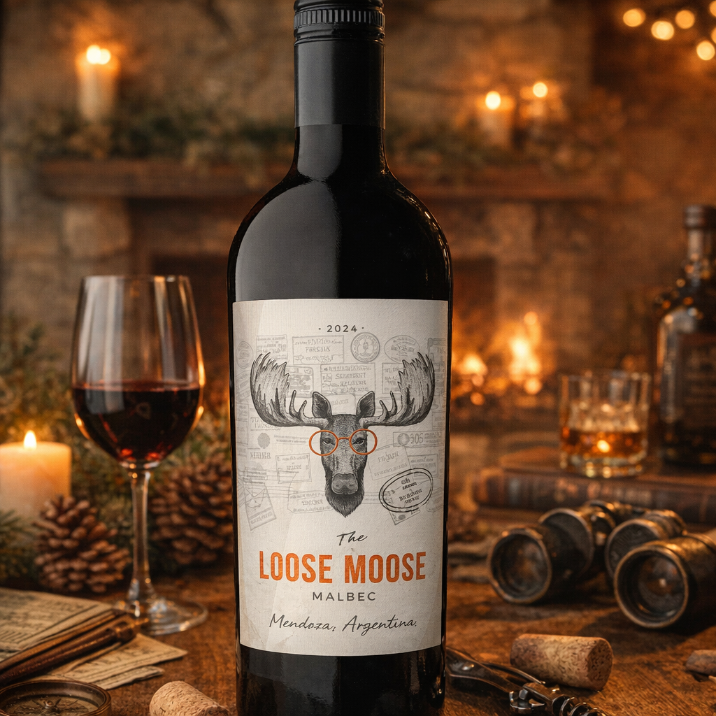 Bottle of 'The Loose Moose' Malbec wine with a glass of wine and candles in the background.