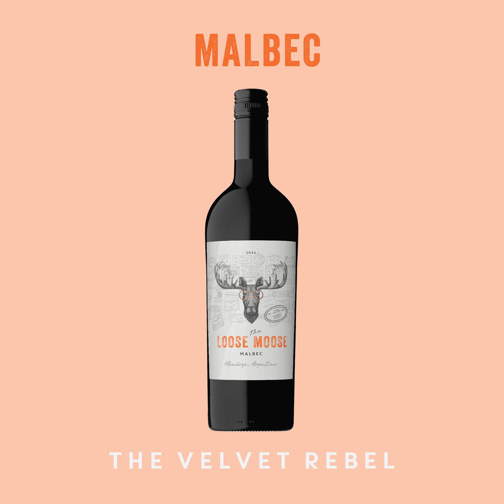 Wine bottle labeled 'The Loose Moose' on a peach background with 'Malbec' text.