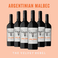 Row of Argentinian Malbec wine bottles with 'The Loose Moose' label on a peach background.