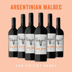 Row of Argentinian Malbec wine bottles with 'The Loose Moose' label on a peach background.