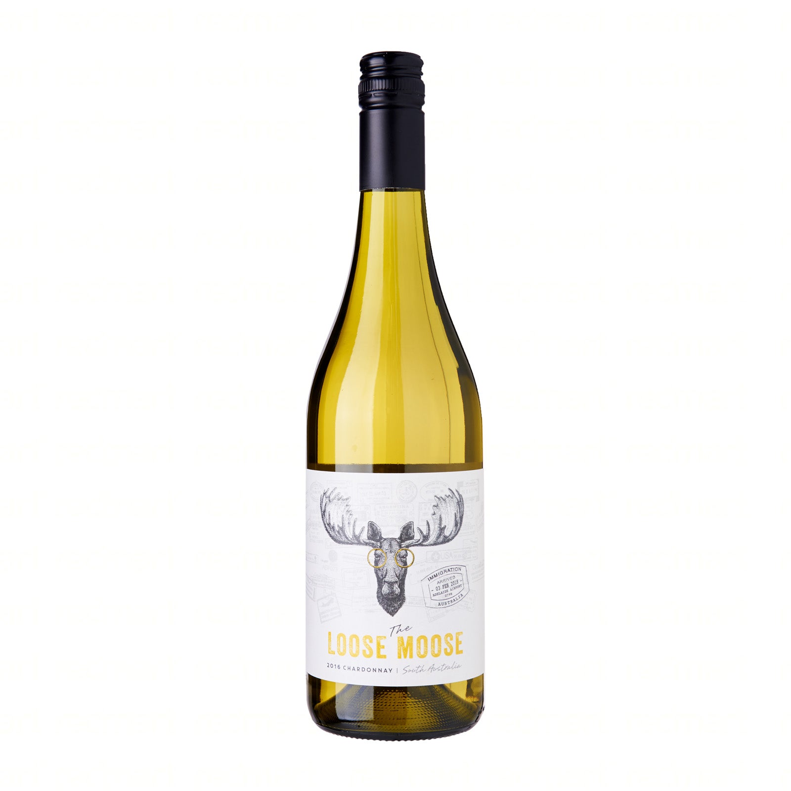 A bottle of South Australia Chardonnay wine with a label that has 'LOSE MOOSE' written on it, indicating the brand or name of the winery.