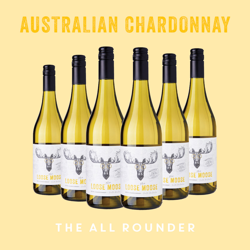 Six bottles of Australian Chardonnay with a yellow background