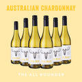 Six bottles of Australian Chardonnay with a yellow background