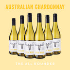 Six bottles of Australian Chardonnay with a yellow background