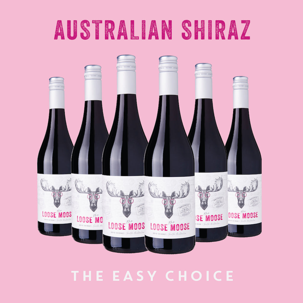 Six bottles of Australian Shiraz wine with a pink background and text.