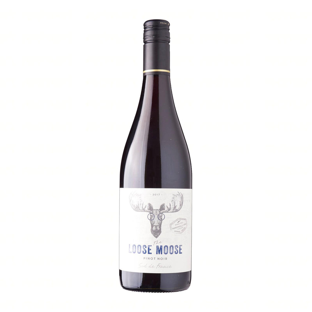 A bottle of Sud de France Pinot Noir with a label depicting a reindeer. The bottle is tall with a dark tinted glass and a white label with blue text.