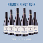 Six bottles of Sud de France Pinot Noir by Loose Moose with the text 'THE JUICY ONE' on the label, against a blue background.