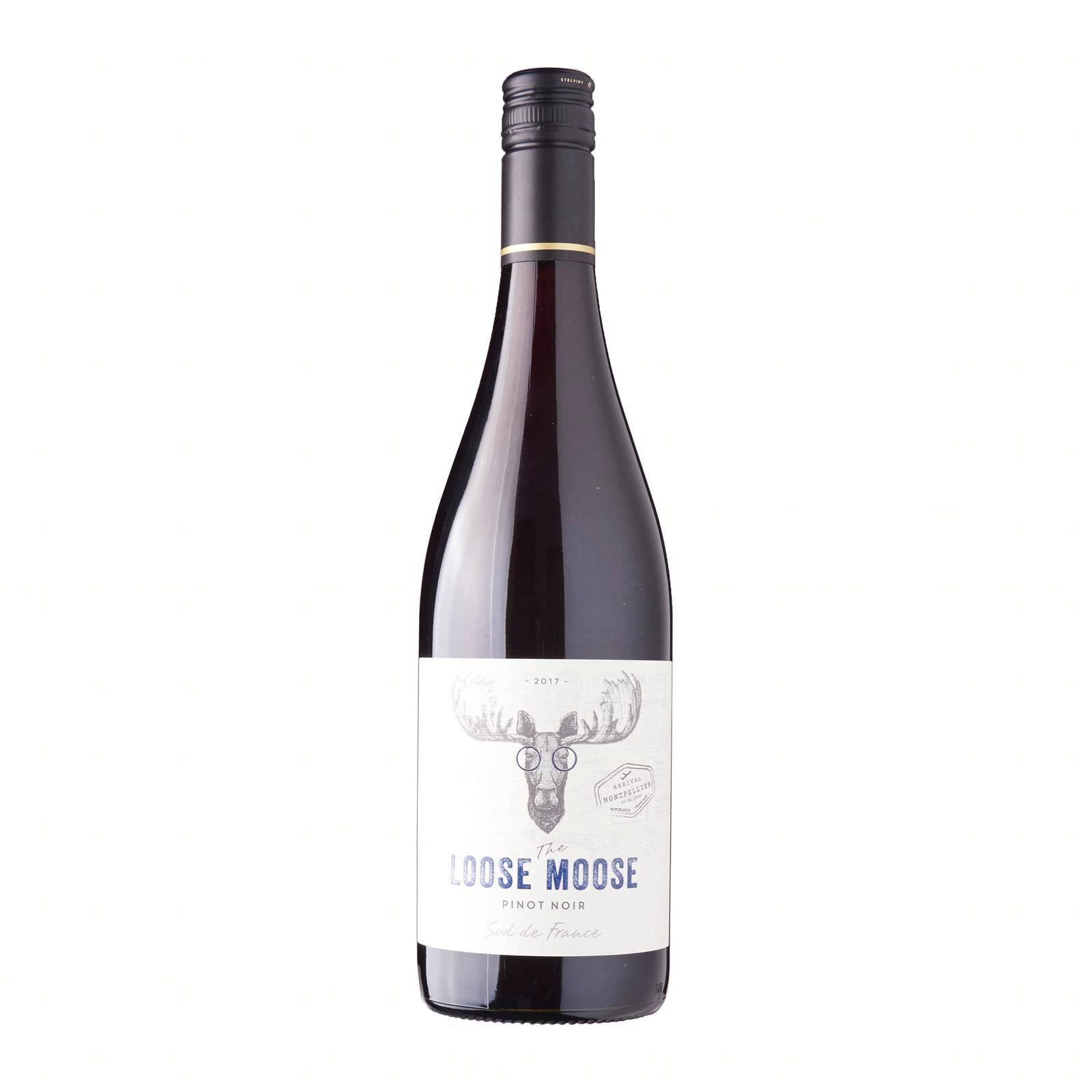 A bottle of Sud de France Pinot Noir with a label depicting a reindeer. The bottle is tall with a dark tinted glass and a white label with blue text.