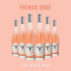 Six bottles of Sud de France Rose Wine arranged neatly, with the text 'FRENCH ROSE' and 'THE ROSÉ DAY' displayed above and below the bottles respectively.
