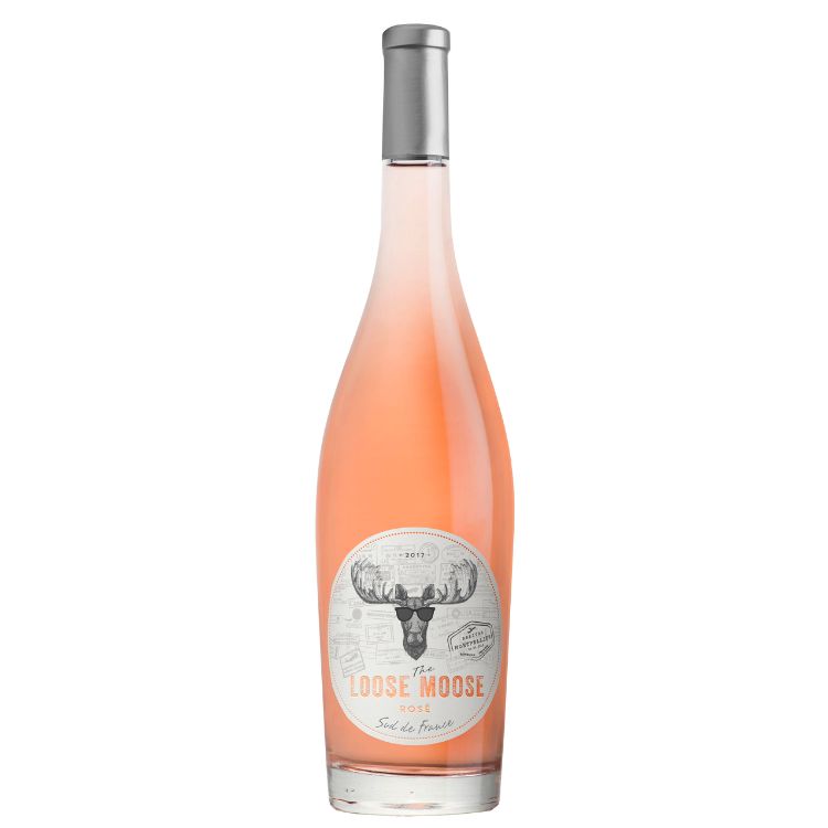 A bottle of Sud de France Rose Wine with a label that includes a deer illustration and the text 'ROUX MOOSE - Vin de France'. The wine appears light salmon pink in color.