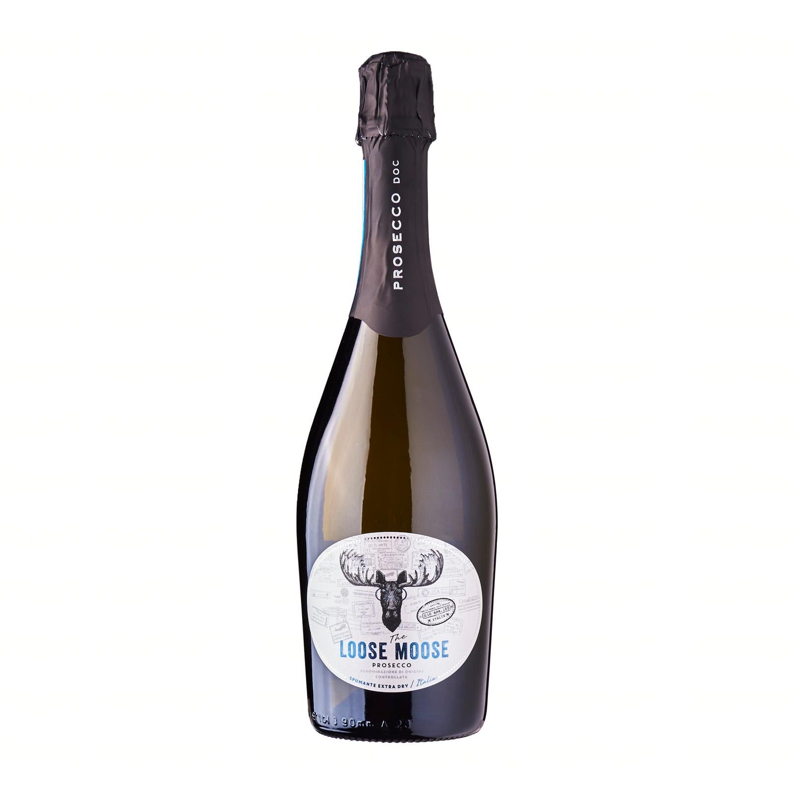 A bottle of Prosecco DOC with a label that features an illustration of a moose, indicating the brand 'Loose Moose'.