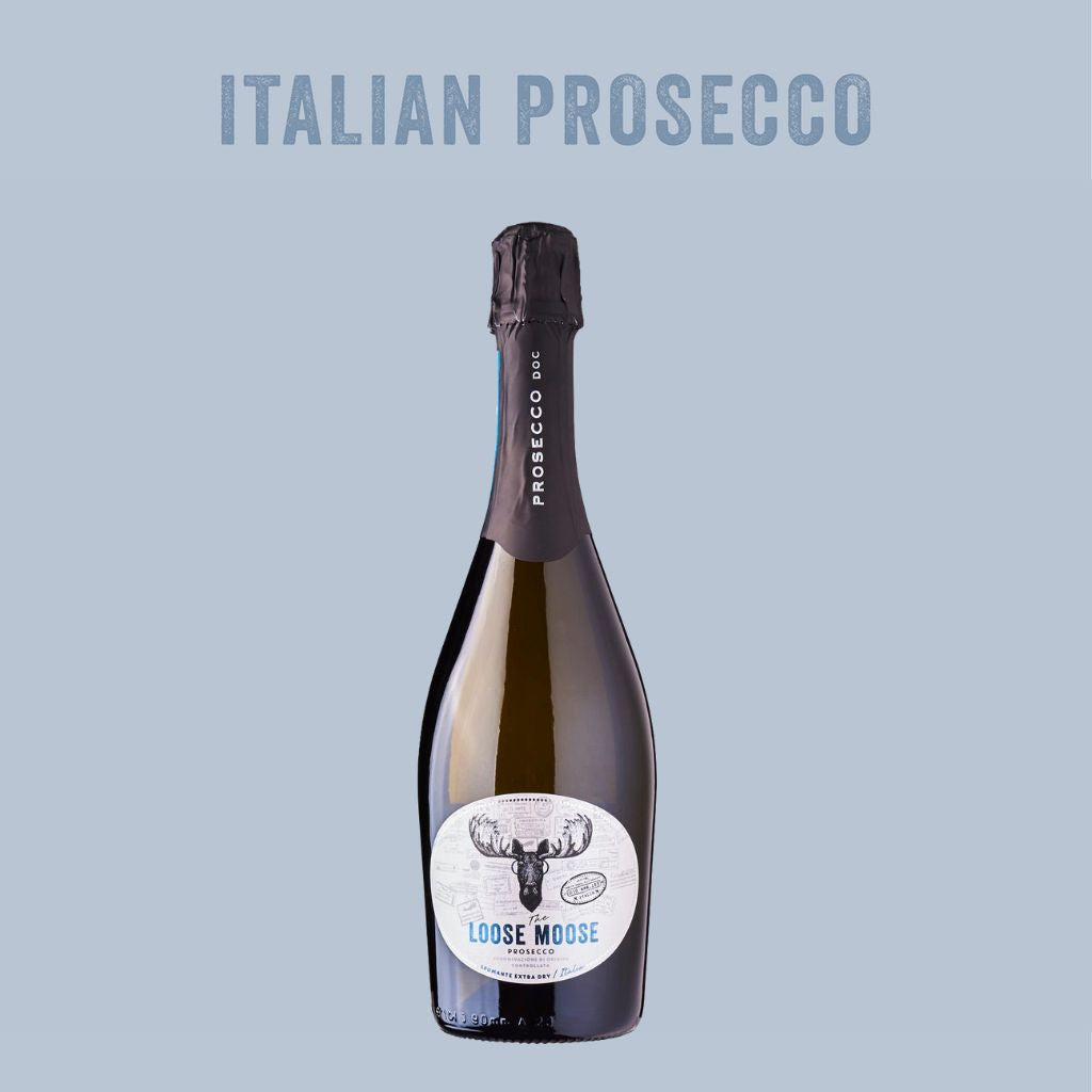 Bottle of Loose Moose Prosecco on a light blue background