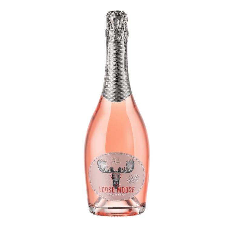 A bottle of Italian Prosecco DOC Rosé with a pink hue, branded 'Loose Moose'.