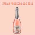Bottle of Italian Prosecco Doc Rosé with 'Loose Moose' label on a pink background