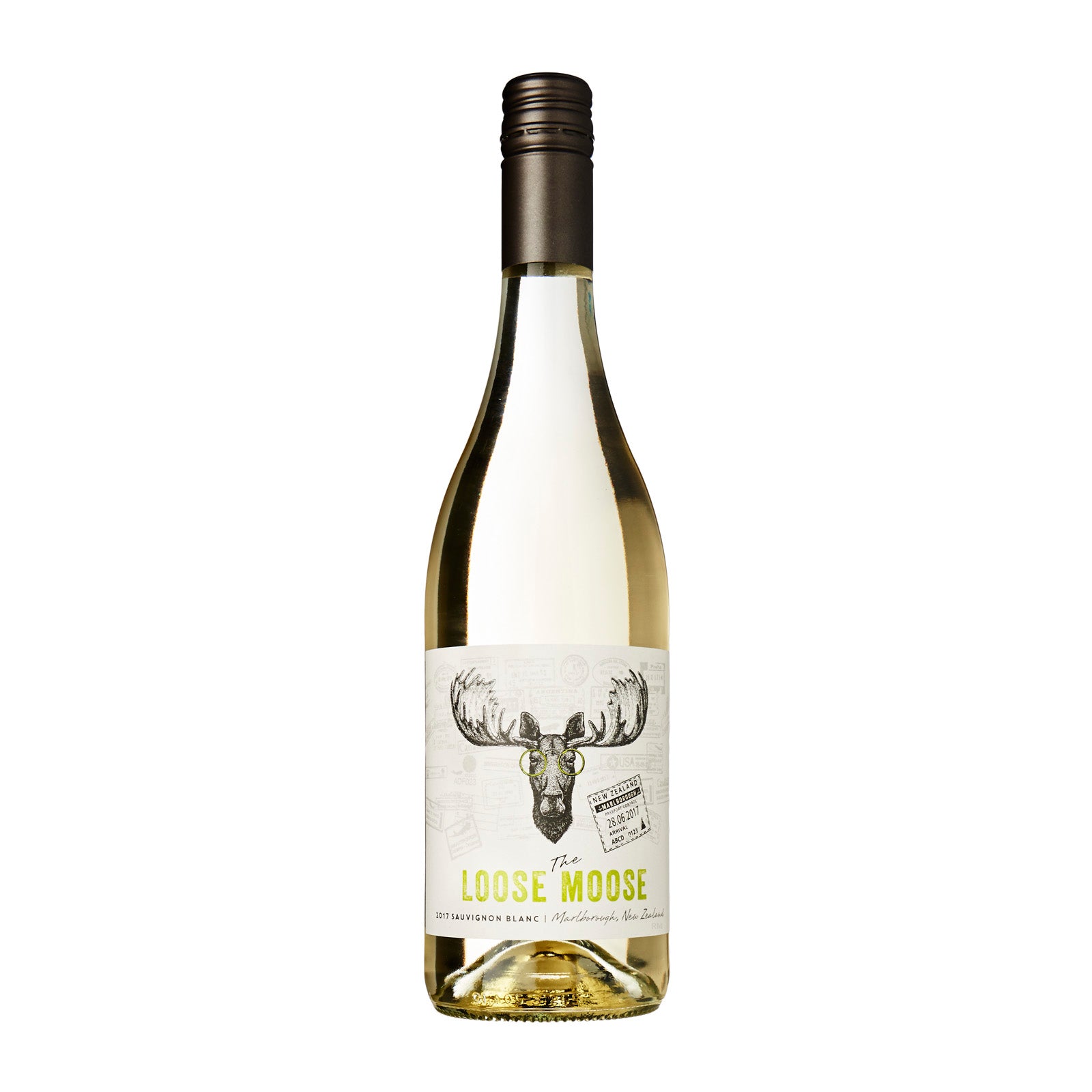 A 750ml bottle of Marlborough Sauvignon Blanc with a label that features an illustration of a moose and the text 'LOSE MOOSE'.
