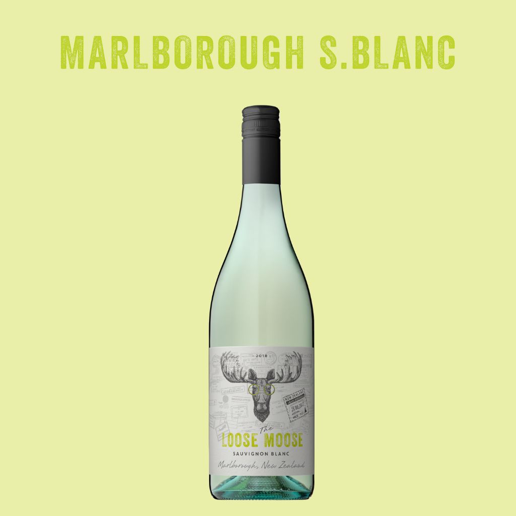 Wine bottle labeled 'Marlborough S.Blanc' with a light green background