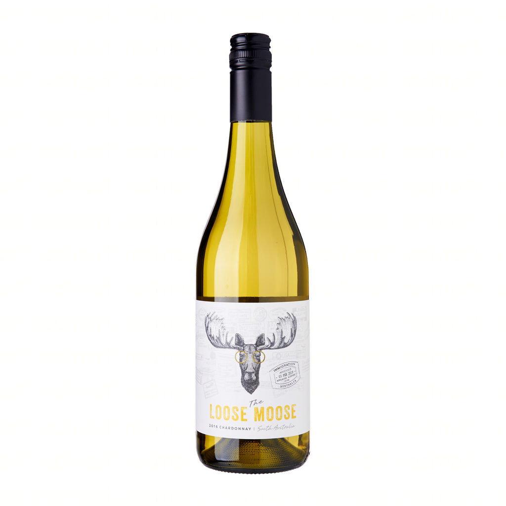 A bottle of South Australia Chardonnay wine with a label that has 'LOSE MOOSE' written on it, indicating the brand or name of the winery.
