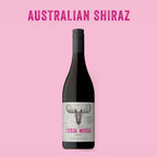Wine bottle with 'Loose Moose' label on a pink background, labeled 'Australian Shiraz'.