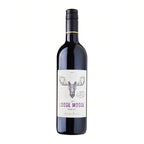 A bottle of Loose Moose Merlot wine with a label featuring an illustration of a moose and plumcott trees.
