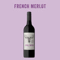 Wine bottle labeled 'French Merlot' with a moose design on a purple background