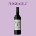Wine bottle labeled 'French Merlot' with a moose design on a purple background