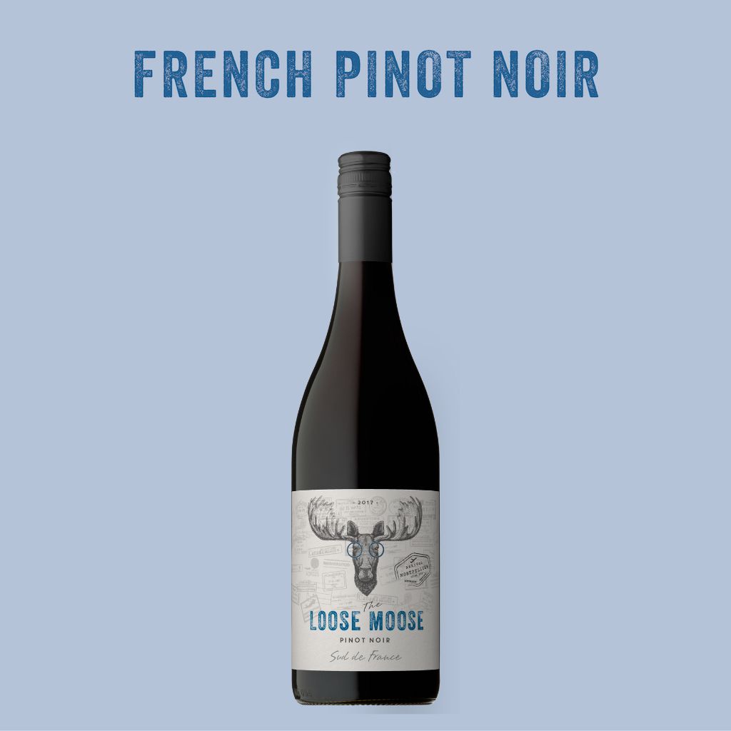 Bottle of French Pinot Noir wine with 'Loose Moose' label on a light blue background