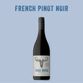 Bottle of French Pinot Noir wine with 'Loose Moose' label on a light blue background