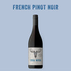Bottle of French Pinot Noir wine with 'Loose Moose' label on a light blue background