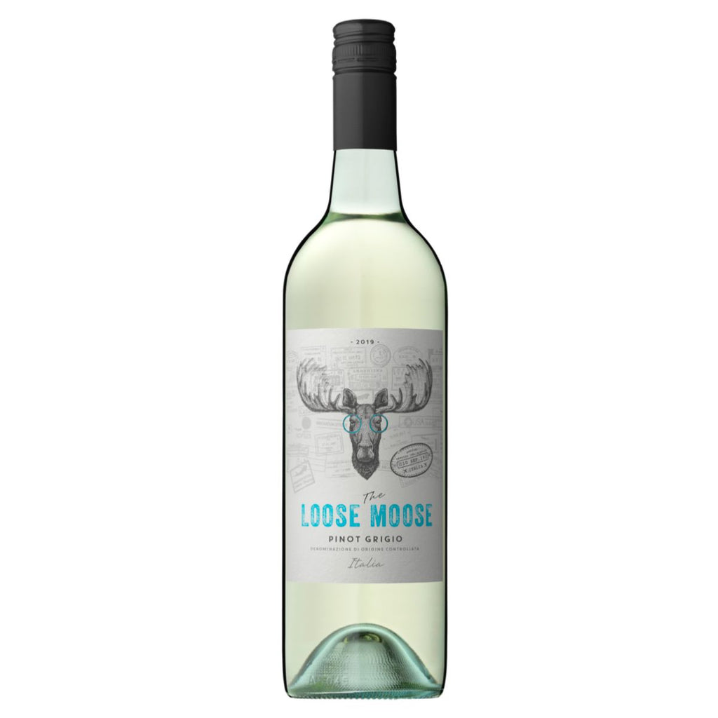 A 750ml bottle of Italian Pinot Grigio wine with a label that features a moose's head and the text 'The Loose Moose Fruit Salad'. The bottle is upright and has a straw-yellow colored liquid inside.