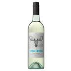 A 750ml bottle of Italian Pinot Grigio wine with a label that features a moose's head and the text 'The Loose Moose Fruit Salad'. The bottle is upright and has a straw-yellow colored liquid inside.
