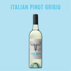 Bottle of Italian Pinot Grigio with 'Loose Moose' label on a light blue background