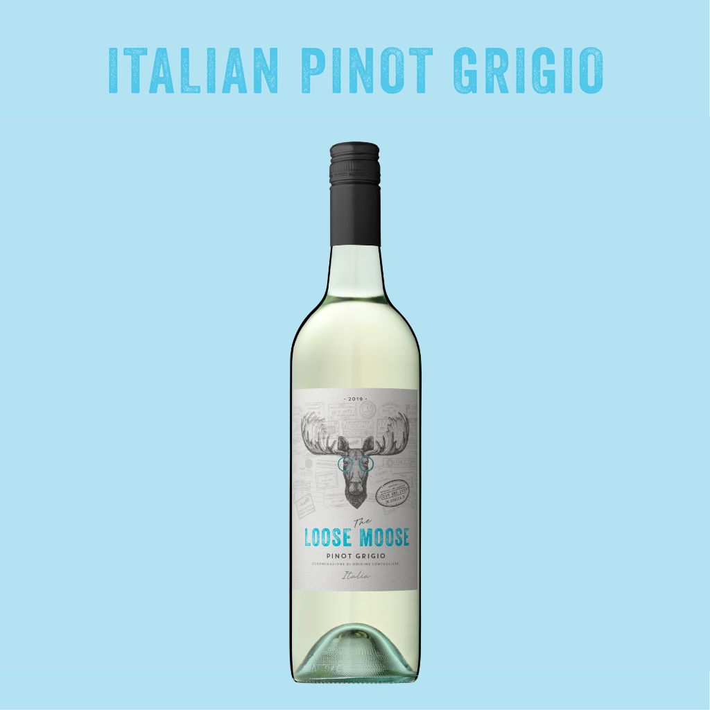 Bottle of Italian Pinot Grigio with 'Loose Moose' label on a light blue background