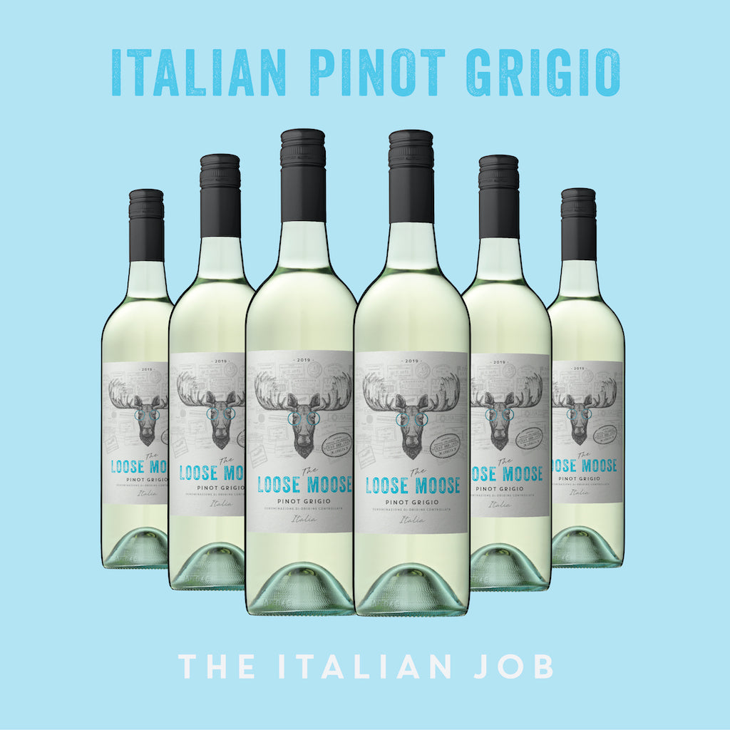 Six bottles of Italian Pinot Grigio wine arranged side by side with the text 'ITALIAN PINOT GRIGIO' at the top and 'THE ITALIAN JOB' at the bottom.